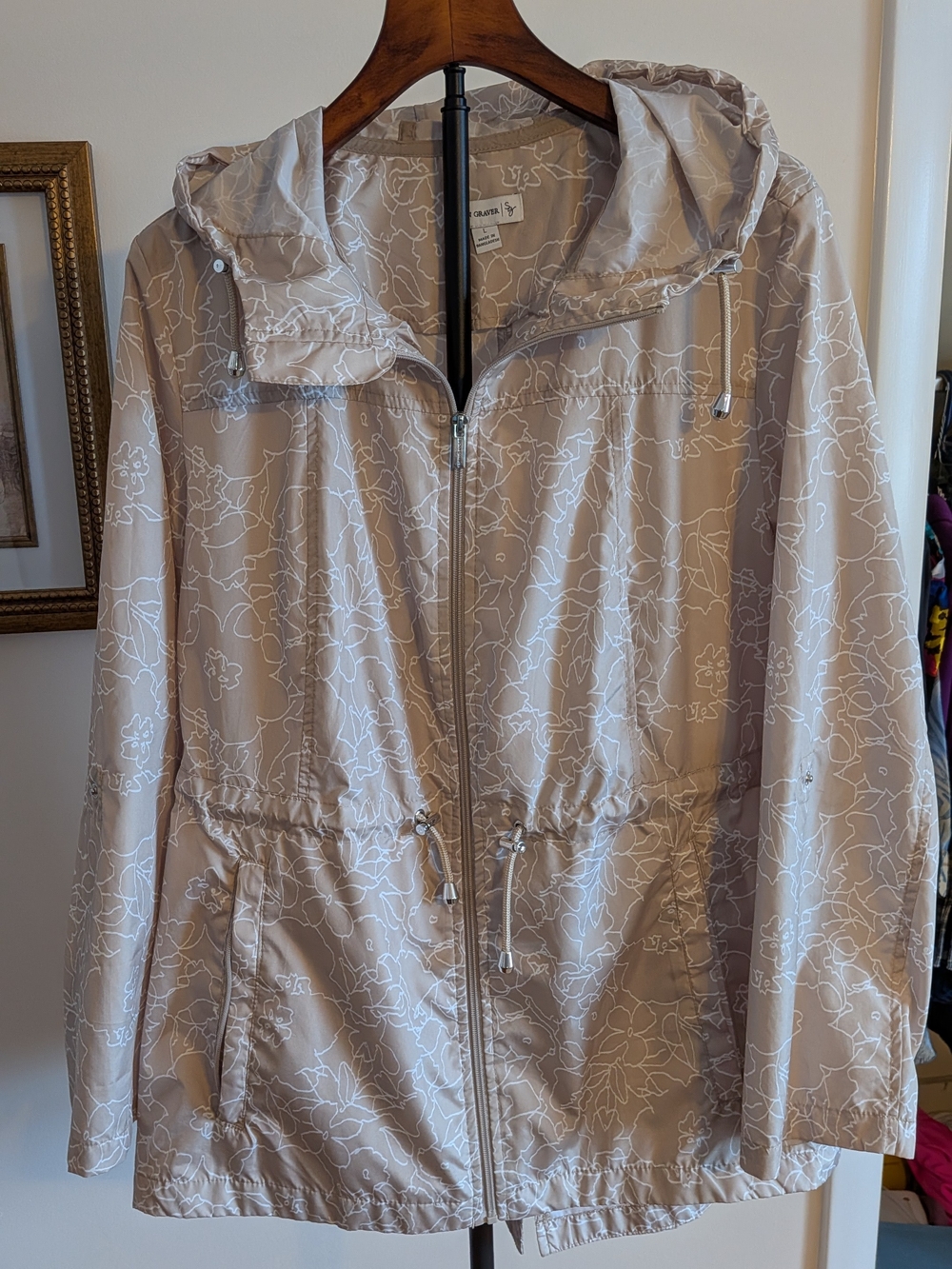Susan Graver Floral Print Hooded Lightweight Jacket Beige White Size L